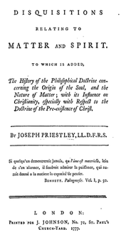 Page reads: "Disquisitions relating to Matter and Spirit. To which is added, The History of the Philosophical Doctrine concerning the Origin of the Soul, and the Nature of Matter; with its Influence on Christianity, especially with Respect to the Doctrine of the Pre-existence of Christ."