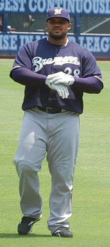 A dark skinned man with a beard in a blue baseball cap and jersey with "BREWERS 28" on the chest straps up a pair of white batting gloves on his hands.