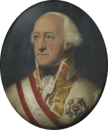 Painting of a white-haired man with a receding hairline. He wears a white military uniform with gold braid on the collar while his chest is adorned with a large silver award and a red and white sash.