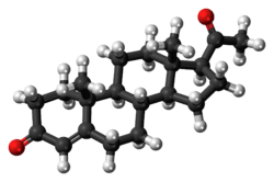 A ball-and-stick model of progesterone.