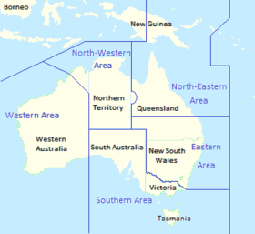 Map of Australia showing state borders, with RAAF area command boundaries superimposed