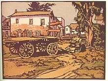 woodblock print showing Robert Louis Stevenson's house in Monterey, California