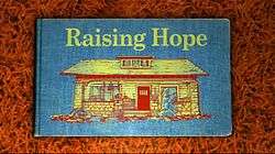 The cover of a blue storybook, with the words 'Raising Hope' written in yellow above a picture of a house.