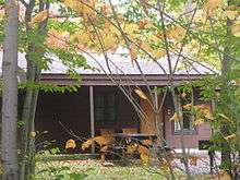 Photo of a brown clapboard-sided cabin with porch, framed by the branches and green, yellow, and orange leaves of small trees.