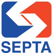 Angled white "S" with the word SEPTA in blue underneath. The background to the left of the "S" is blue and red on the right.