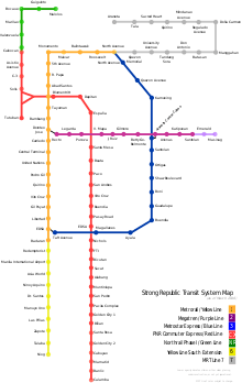 Color-coded lines on an outline map illustrating relative positions of existing and planned routes as described in the text