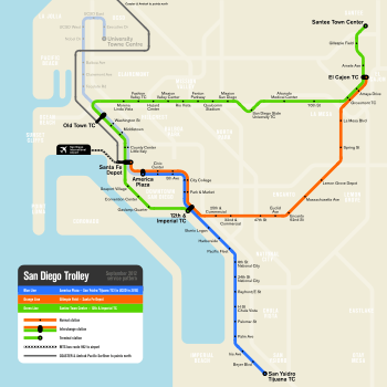 A map of the three light rail line San Diego Trolley system. (Note: The fourth line, the heritage streetcar, Silver Line is omitted from this map. There is a Blue Line going from north to south, a Green Line going from east to west near the top, and an Orange Line going from east to west in the middle of the map.