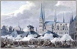 Print of the Battle of Lübeck, showing the fighting in the Market square with St. Mary's Church in the background