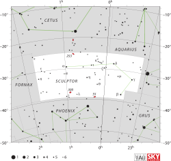 Diagram showing star positions and boundaries of the Sculptor constellation and its surroundings