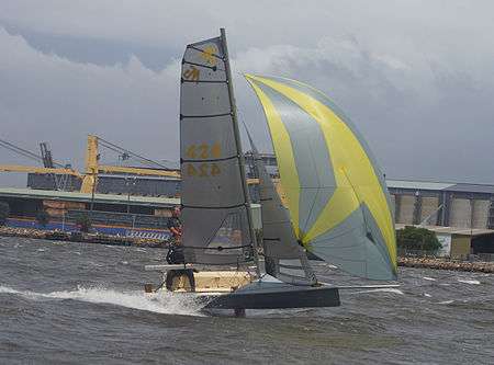 MG14 sailing downwind in heavy breeze