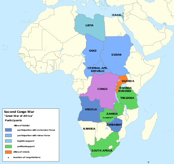 color map of African countries showing Uganda Rwanda and Burundi backing rebels against Kabila