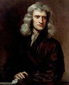 portrait of Isaac Newton with long hair looking left