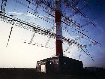 Large antenna system against sky at sunset