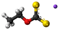 Ball-and-stick model of the component ions of sodium ethyl xanthate