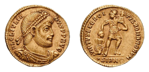 Solidus, obverse showing Julianus as philosopher, reverse symbolizing the strength of the Roman army