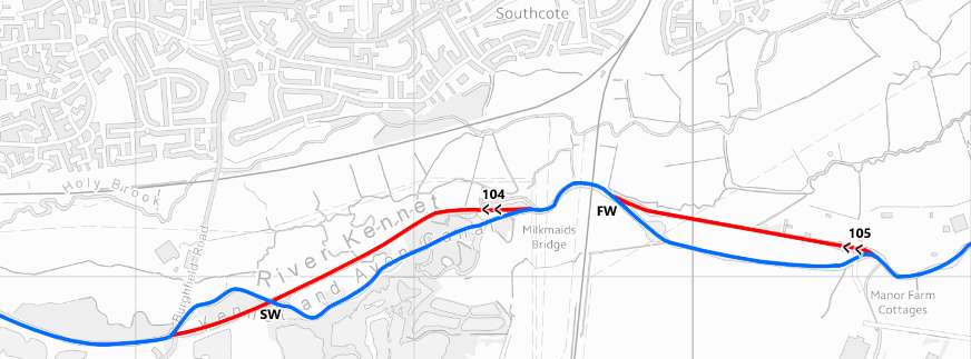 A map showing the course of the River Kennet and the 18th century canal additions that made it navigable to barges and narrowboats