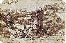  Pen drawing of a landscape with mountains, a river in a deep valley, and a small castle