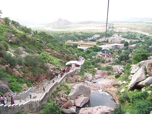 This is photo of the way of Sundha Mata temple showing the ropeway to reach to the temple as so many stairs are there in between the mountains. The view is totally fabulous and natural.