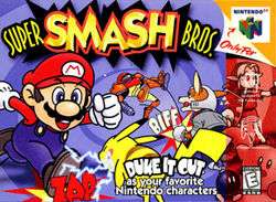 Image of various Nintendo characters fighting: Mario rushing at Pikachu, Fox punching Samus, Link holding his shield and Kirby waving at the player, with a Bob-omb next to him.