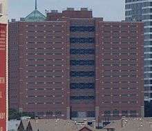 A red-brick building with few windows