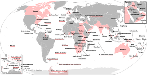 Map of the world. Canada, the eastern United States, countries in east Africa, India, most of Australasia and some other countries are highlighted in pink.