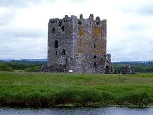 A massive, roofless  four storey medieval stone tower sits amid grass and trees. On one side the stones are stained with orange lichen.