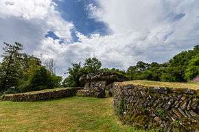 a grassy field in which two low stone retaining walls flank a stone structure with a thick stone slab roof