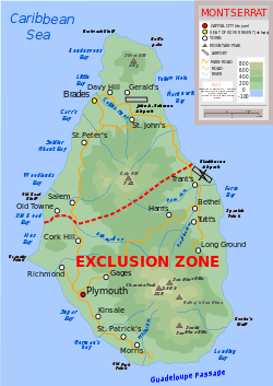 Topographic map of Montserrat showing the "exclusion zone" due to volcanic activity, and the new airport in the north. The roads and settlements in the exclusion zone have mostly been destroyed.