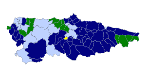 Color-coded map of Asturias, with most Asturian place-names official