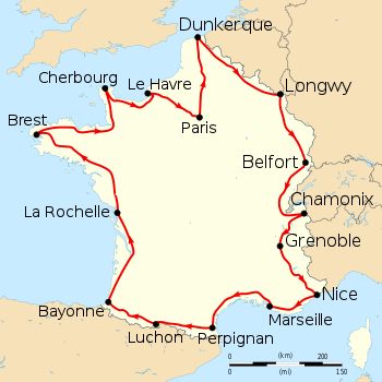 Map of France with the route of the 1912 Tour de France on it, showing that the race started in Paris, went clockwise through France and ended in Paris after fifteen stages.