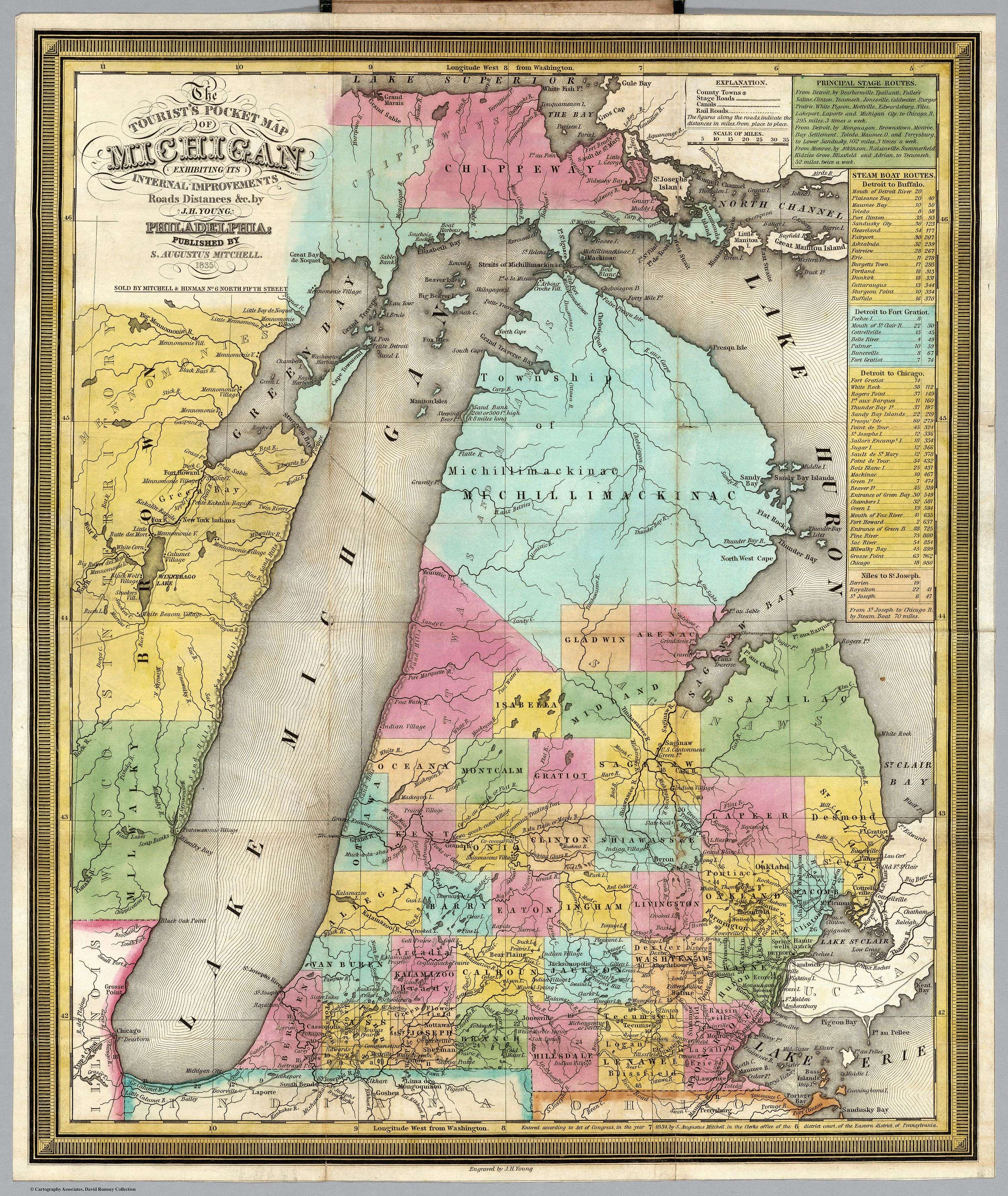 Lake Winnebago on the 1835 Tourist's Pocket Map of Michigan among the "Mennomonie" villages of Wisconsin Territory