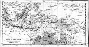 Map:A line runs from the Great Barrier Reef northward to Endeavour River and Cape York, then northwest through Torres Strait to the southern coastline of New Guinea. The line then heads west-southwest to Timor, westward parallel to but south of Java to Christmas Island, and northwest to Batavia.