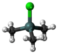 Ball-and-stick model of the trimethyltin chloride molecule