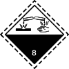 A rhombic-shaped label with letters 8 and "corrosive", indicating that drops of a liquid corrode materials and human hands.