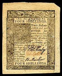 Delaware colonial currency, 4 shillings, 1776 (obverse)