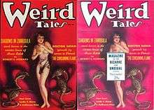 A magazine cover with a naked woman surrounded by cobras, next to a similar cover with the woman's torso concealed by a box of text