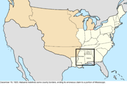 Map of the change to the United States in central North America on December 19, 1820