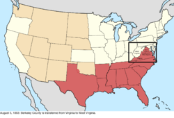 Map of the change to the United States in central North America on August 5, 1863