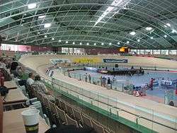 Inside the arena with bikes on the track