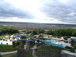 View of Splash Works from the roller coaster Behemoth.