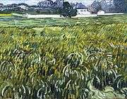  A squarish painting of a wheatfield, in the afternoon, with landscape and a white house in the background.