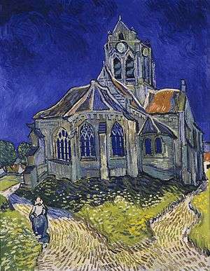 Vincent van Gogh painting 'The Church at Auvers from 1890 gray church against blue sky