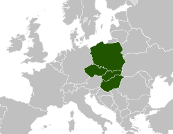 Map of Europe indicating the four member countries of the Visegrád Group