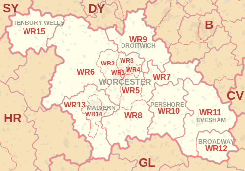 WR postcode area map, showing postcode districts, post towns and neighbouring postcode areas.