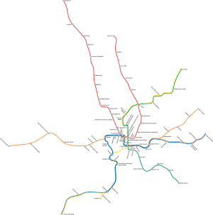 An actual map with correct distances and geographic placement illustrates how all lines intersect and have many stations in the downtown area, and extend with more widely spaced stations far out into the neighboring areas.