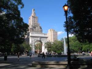 A color photograph of Washington Square Park in Greenwich Village