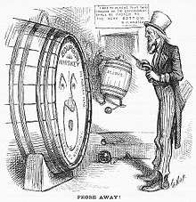 "Uncle Sam" cartoon tapping a Louisville whiskey barrel, captioned "probe away"