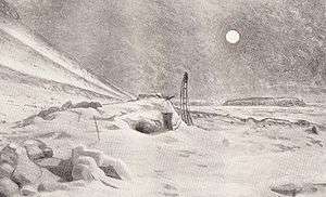 Artist's impression: A full moon in a dark sky; on the ground a mound of snow with a small square opening indicates the hut, with an upturned sledge standing outside. The surrounding area is all desolate snow and ice fields.