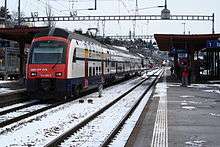 An RABe 514 at Zürich Tiefenbrunnen heading towards Herrliberg-Feldmeilen.