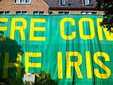 HERE COME THE IRISH" gameday sign on Zahm Hall is multiple stories tall.